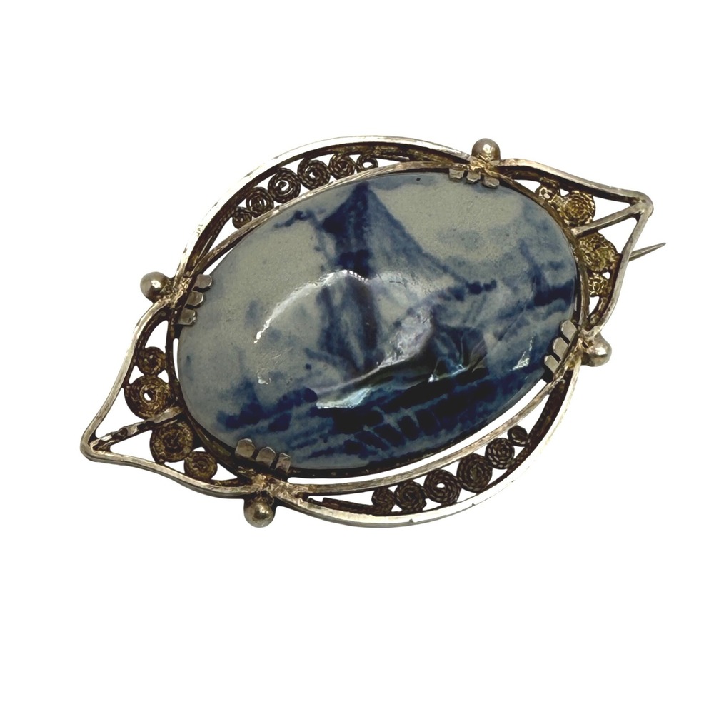 Antique Delft Porcelain Brooch Windmill Filigree Silver Pin Pre-1920 - Picture 3 of 8